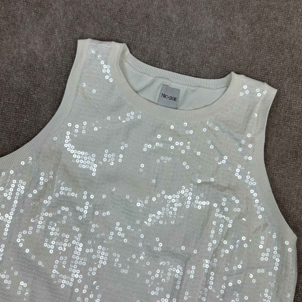 Nic + Zoe Tank Top Womens 2XL White Shiny Sequin Cotton Knit Wide Strap Modern